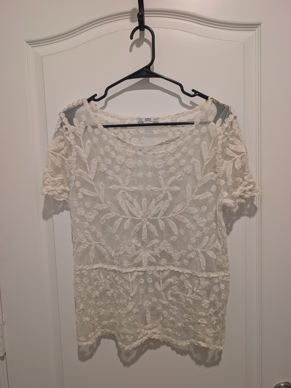 Zara Cream Embroidered Sheer Top